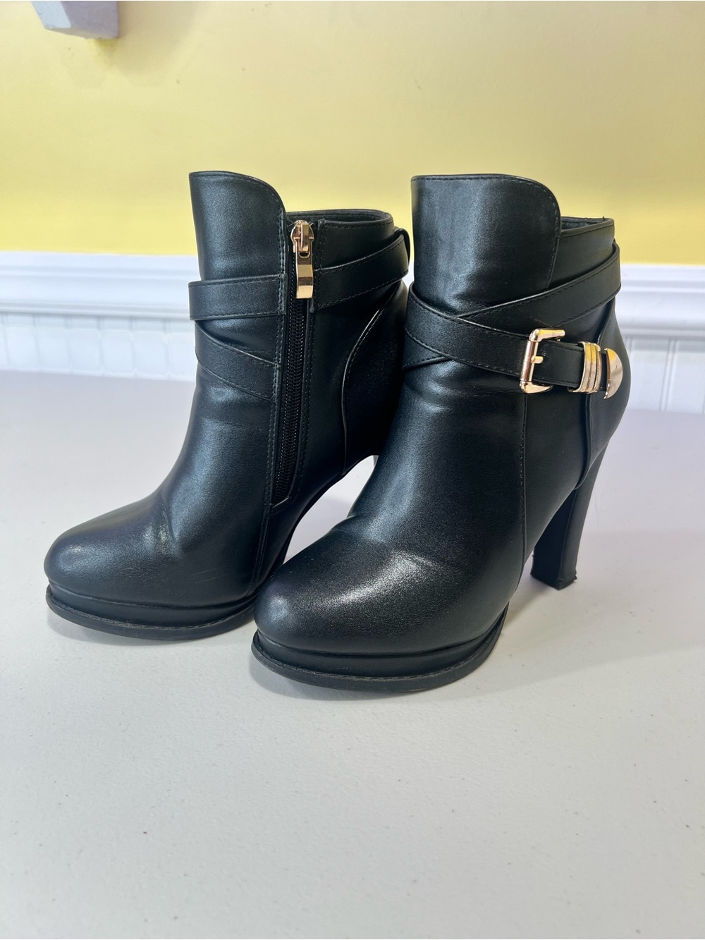 Classic Black Ankle Booties with Gold Buckle